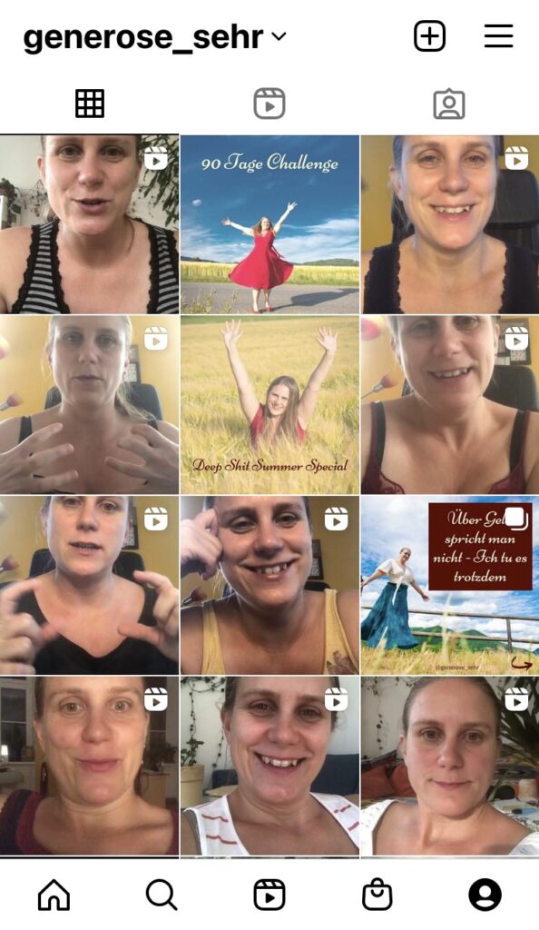 Ein Screenshot meines Instagram-Feeds, zur Zeit meiner 90-Tage Live-Challenge. 12 kleine Bilder, 9 davon sind Videos, 3 sind normale Posts. 