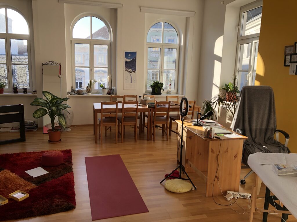 Blick in meinen Arbeitsraum mit Teppich, Yogamatte, Cranio-Liege, Schreibtisch, großer Arbeitstisch, einem E-Piano, diversen Pflanzen und Sonnenschein durch die Fenster in den Raum hinein.