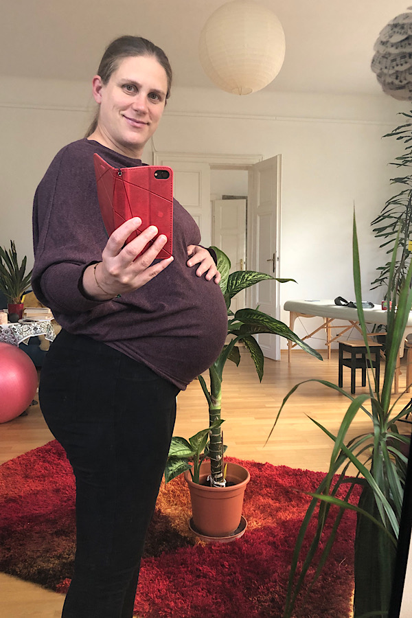 Foto von mir, hochschwanger in den Spiegel hineinfotografiert. Im Hintergrund zu sehen: mein Arbeitszimmer mit Cranio-Liege und Pflanzen. 