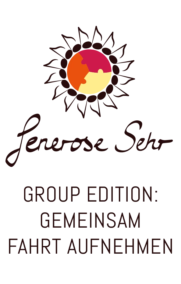 Gruppenprogramme Über dem in Schreibschrift gedruckten Schriftzug „Generose Sehr“ ist eine stilisierte Sonne mit einem mehrfarbigen Puzzle in der Mitte zu sehen. Darunter steht in Fettdruck: „GROUP EDITION GEMEINSAM FAHRT AUFNEHMEN.“.