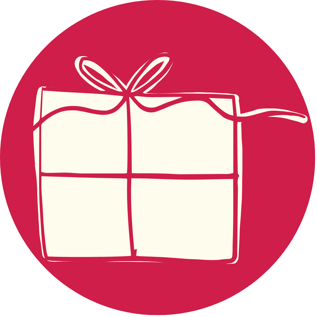 Freebie 2 Eine einfache Illustration einer Geschenkbox mit einer Schleife, gezeichnet mit weißen Linien auf einem roten kreisförmigen Hintergrund.