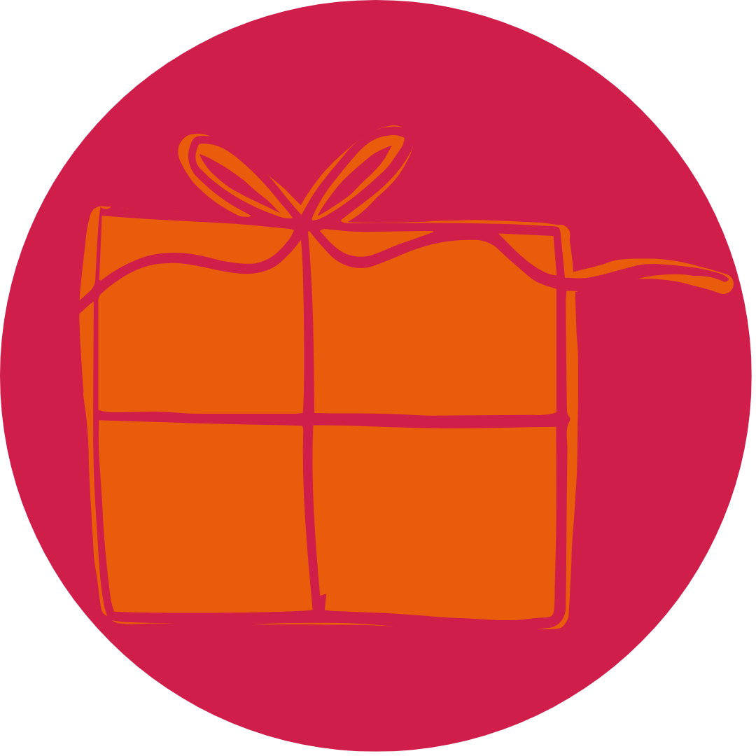 Freebie 3 Eine einfache orangefarbene Illustration einer Geschenkbox mit einer Schleife obenauf, vor einem kreisförmigen, dunkelrosa Hintergrund.