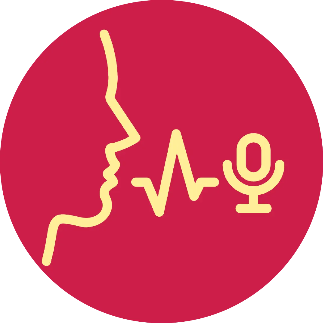 Stimm-Körper-Präsenz-Check Gelber Umriss eines sprechenden Gesichts, einer Schallwelle und eines Mikrofons auf einem roten kreisförmigen Hintergrund, die Sprach- oder Audiokommunikation darstellen.