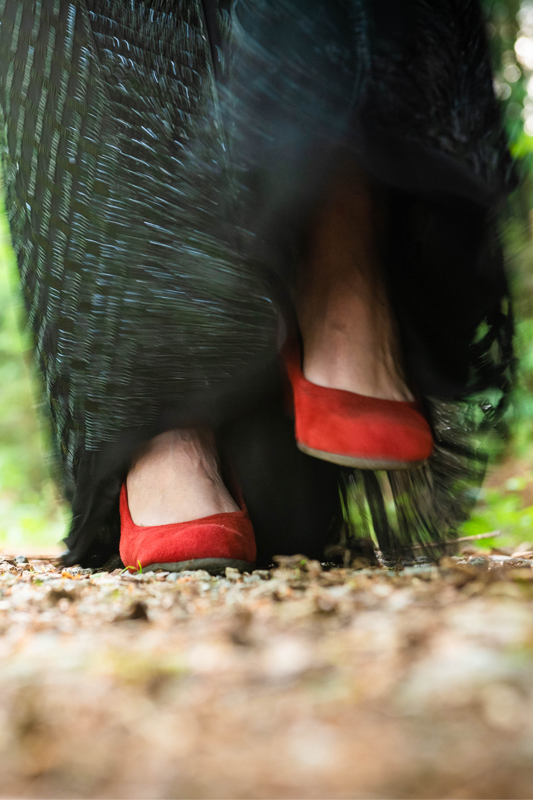 Nahaufnahme von einer Frau, die mit roten Schuhen und einem schwarzen Paillettenkleid über einen Waldweg geht. Auf dem Ausschnitt sind nur die zwei Füße und ein Teil des Kleides zu sehen. Ein Symbolbild für die konkreten Schritte, die bei "The Turn - klar & kraftvoll das Jahr beenden" erarbeitet werden.