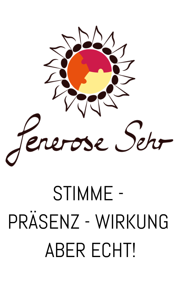 Eine stilisierte Sonne mit einem roten, orangefarbenen und gelben Zentrum über den Worten „Generose Sehr“ und darunter steht in Fettdruck „Stimme - Wirkung - Präsenz - aber echt!“.